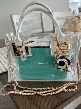 Custom Upcycled Chanel Beauté Clear Bag w Authentic Charms, Ribbon & Makeup Bag